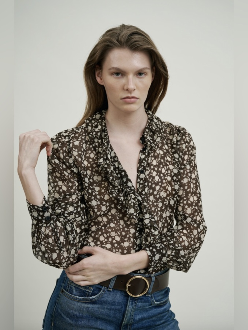 Nili Lotan Nicole Espresso Floral Silk Ruffle Blouse Top Size Large